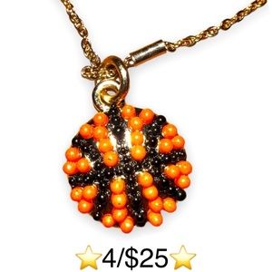 Basketball Seed Bead Necklace~Orange, Black & Gold Tone Alloy